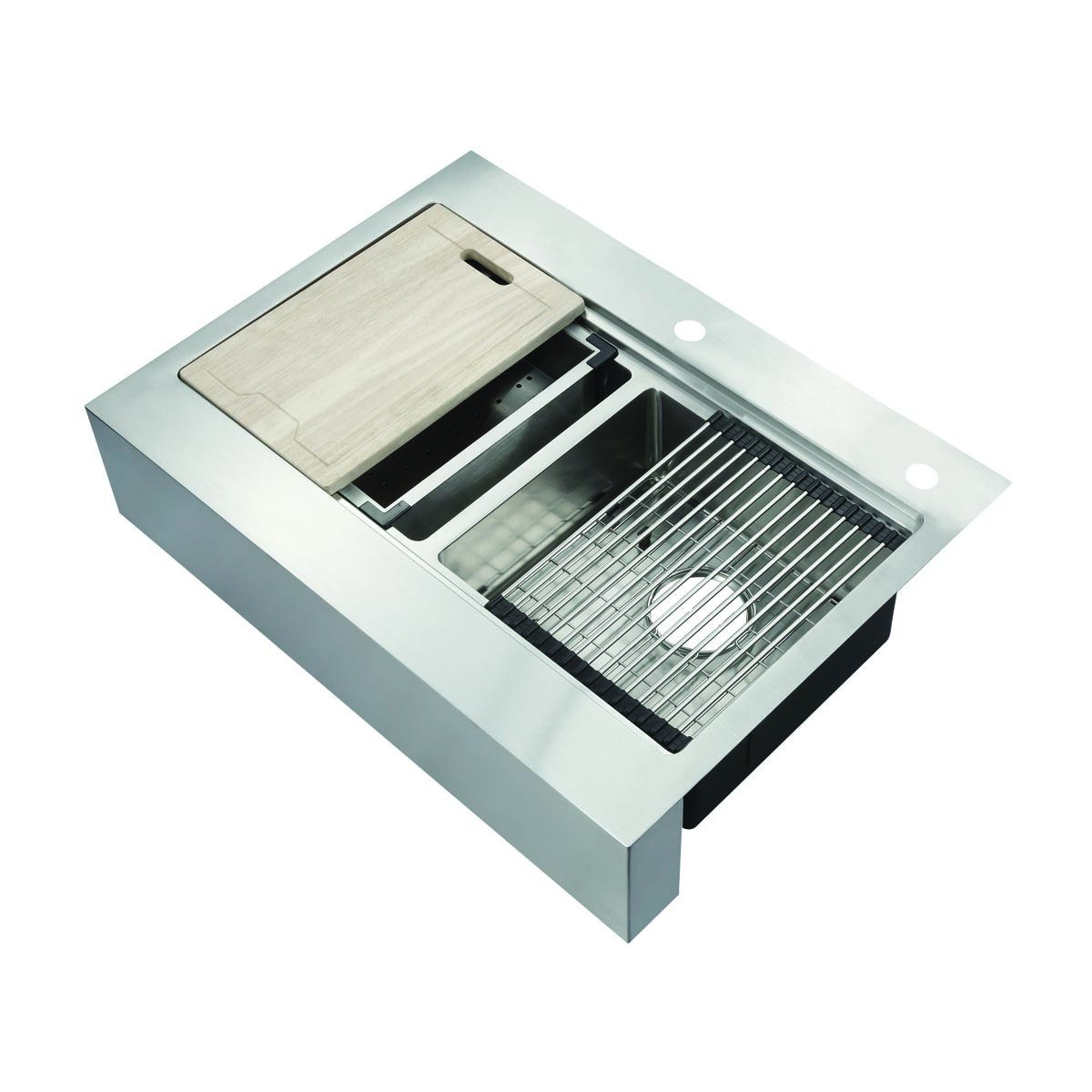 482-6995 Blanchard Retrofit Work Station 33" x 24" 50/50 Double Bowl R15 Radius Corner Dual-Mount Apron Front Farm Sink